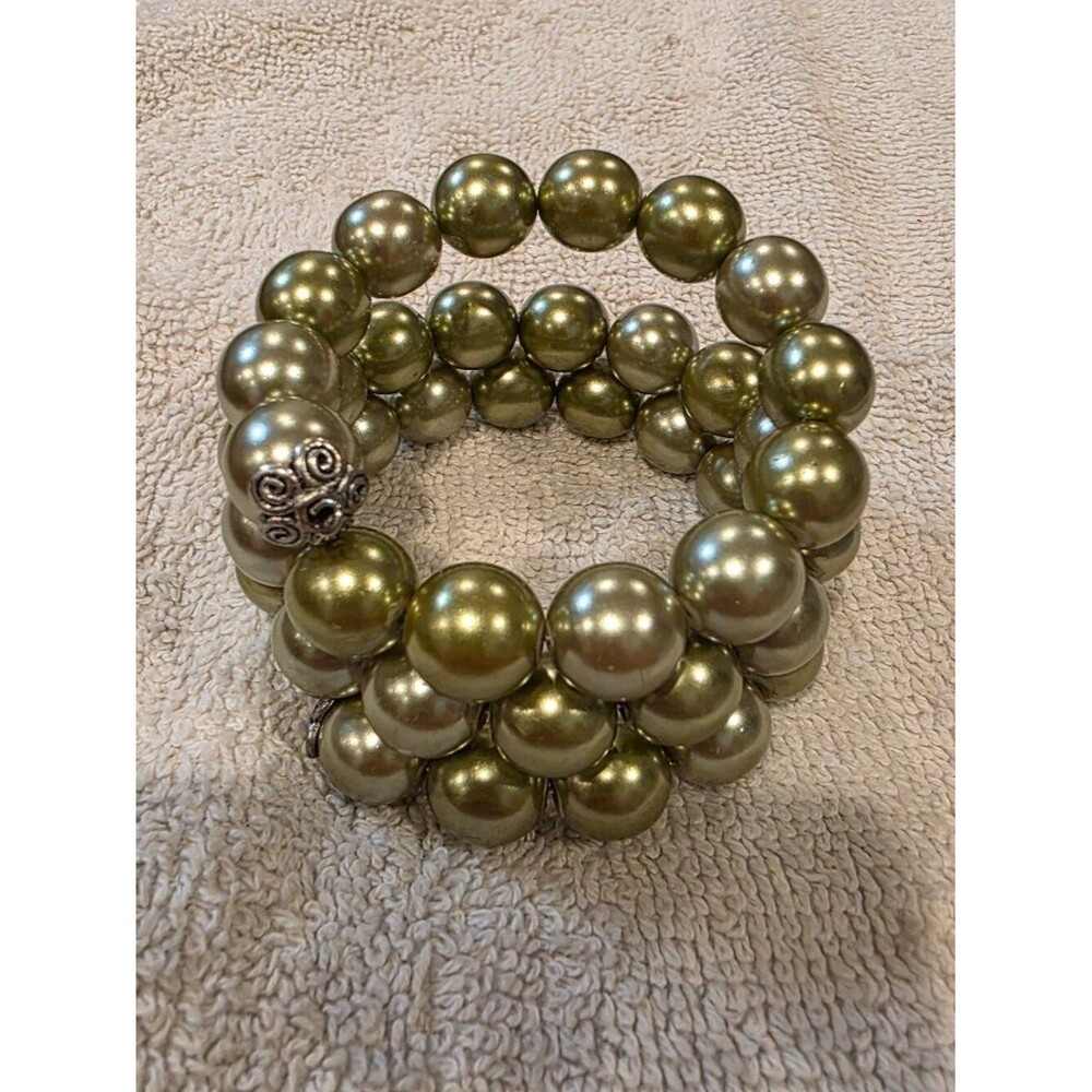 Olive Green Faux Pearl Multi-Strand Stretch Bracelet